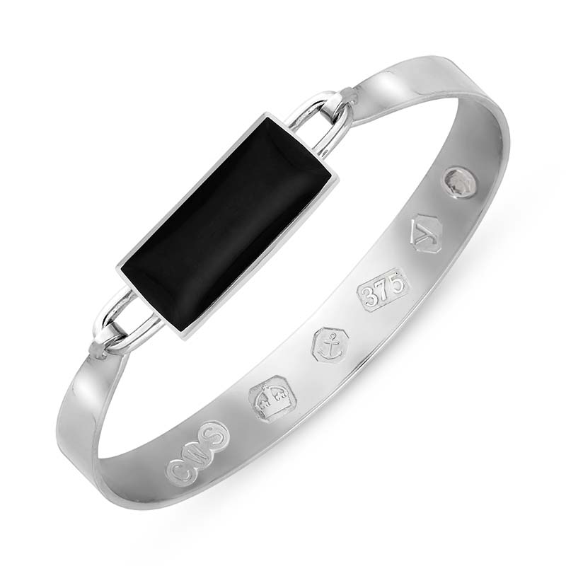 9ct White Gold Whitby Jet King's Coronation Hallmark Wide Oblong Bangle