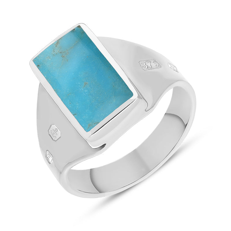 9ct White Gold Turquoise King's Coronation Hallmark Small Oblong Ring - U