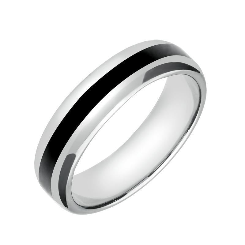 Sterling Silver Whitby Jet 2mm Stone Inlaid Wedding Band Ring - Silver