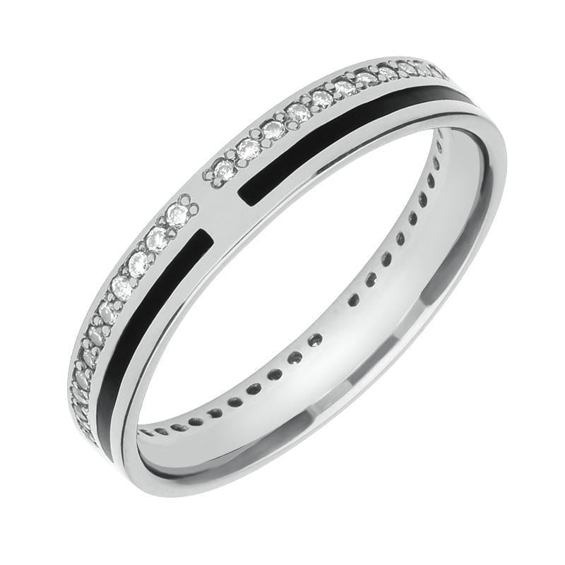 9ct White Gold Whitby Jet Diamond Inlaid Wedding Band Ring - White Gold