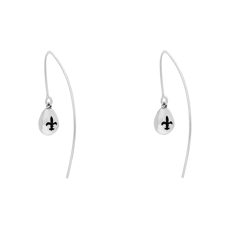 9ct White Gold Whitby Jet Fleur De Lis Disc Drop Earrings - White Gold