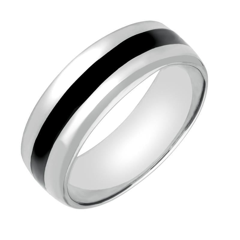 9ct White Gold Whitby Jet Inlaid Wide Wedding Band Ring - White Gold