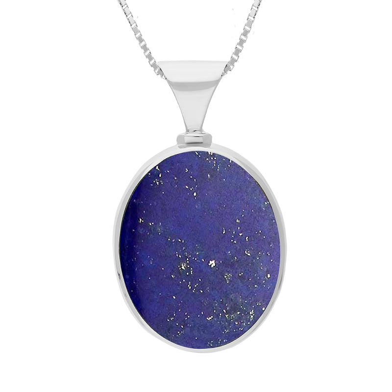 9ct White Gold Whitby Jet Lapis King's Coronation Hallmark Double Sided Oval Necklace
