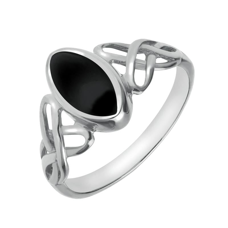 9ct White Gold Whitby Jet Marquise Celtic Ring - White Gold