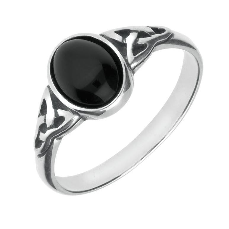 9ct White Gold Whitby Jet Oval Celtic Shoulder Ring - Option1 Value White Gold