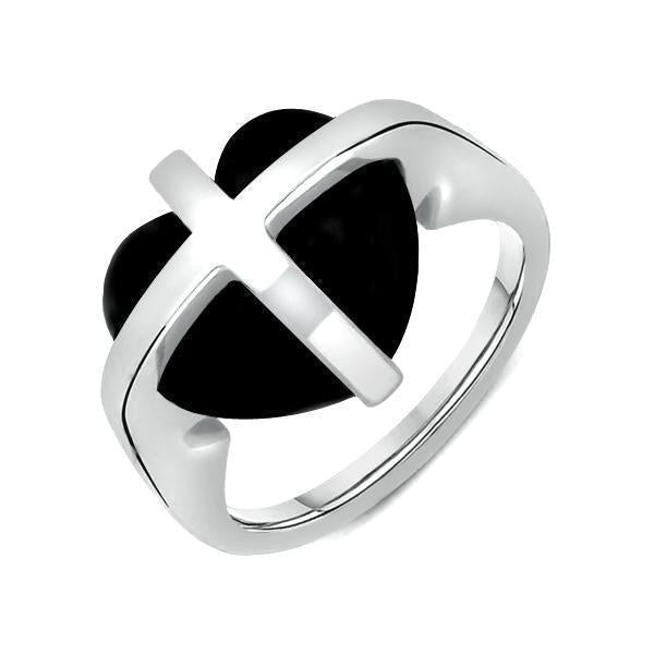 9ct White Gold Whitby Jet Cross Heart Ring - Option1 Value White Gold