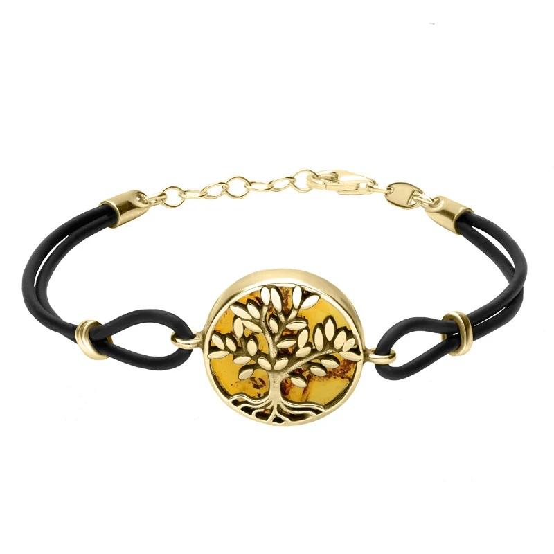 9ct Yellow Gold Amber Cord Round Large Leaves Tree of Life Bracelet - Yellow Gold