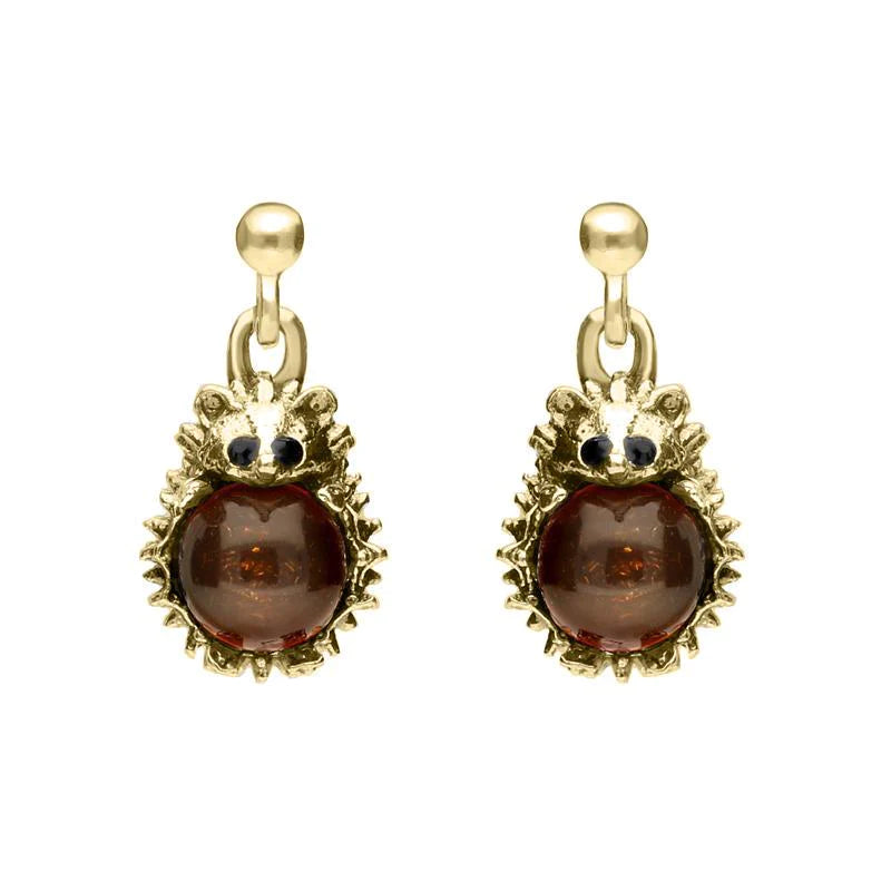 9ct Yellow Gold Amber Tiny Hedgehog Drop Earrings - Yellow Gold