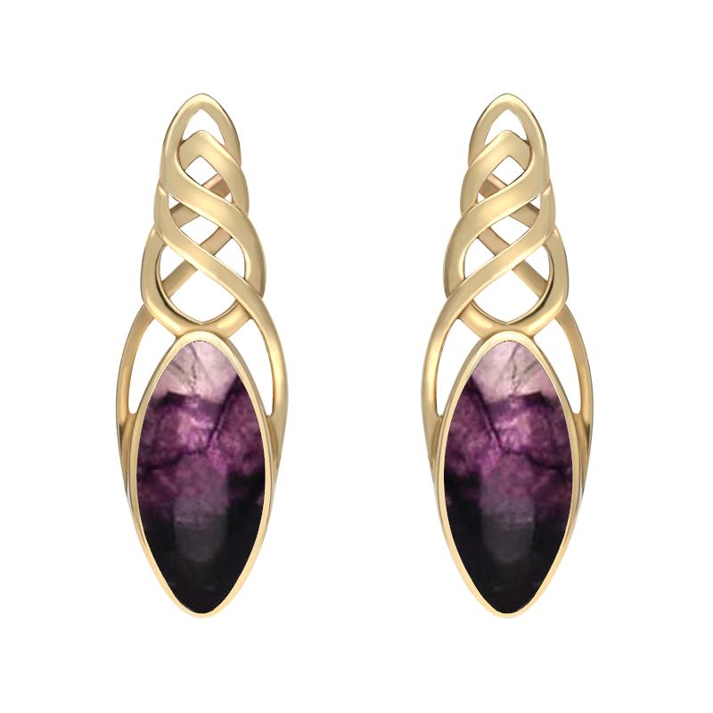 9ct Yellow Gold Blue John Celtic Long Marquise Stud Earrings - Yellow Gold