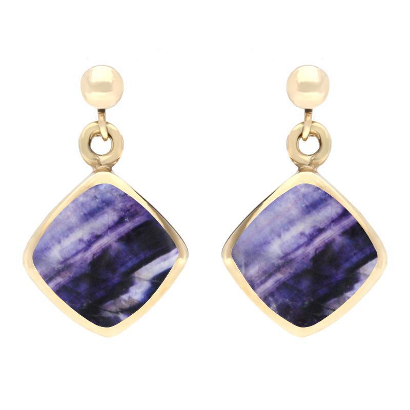 9ct Yellow Gold Blue John Cushion Drop Earrings - Yellow Gold