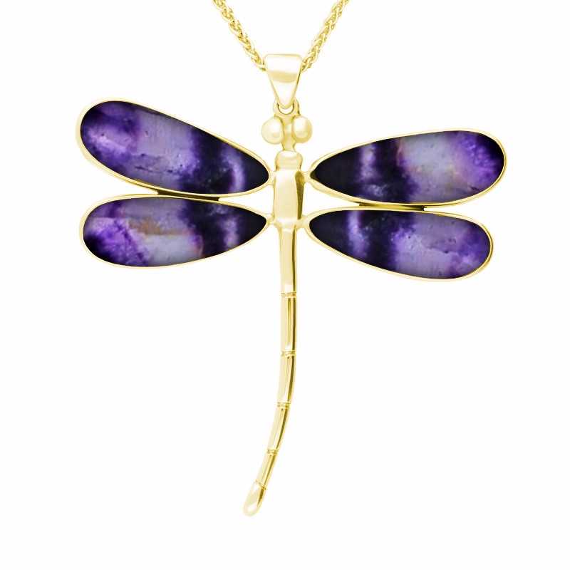 9ct Yellow Gold Blue John Four Stone Large Dragonfly Necklace - Yellow Gold