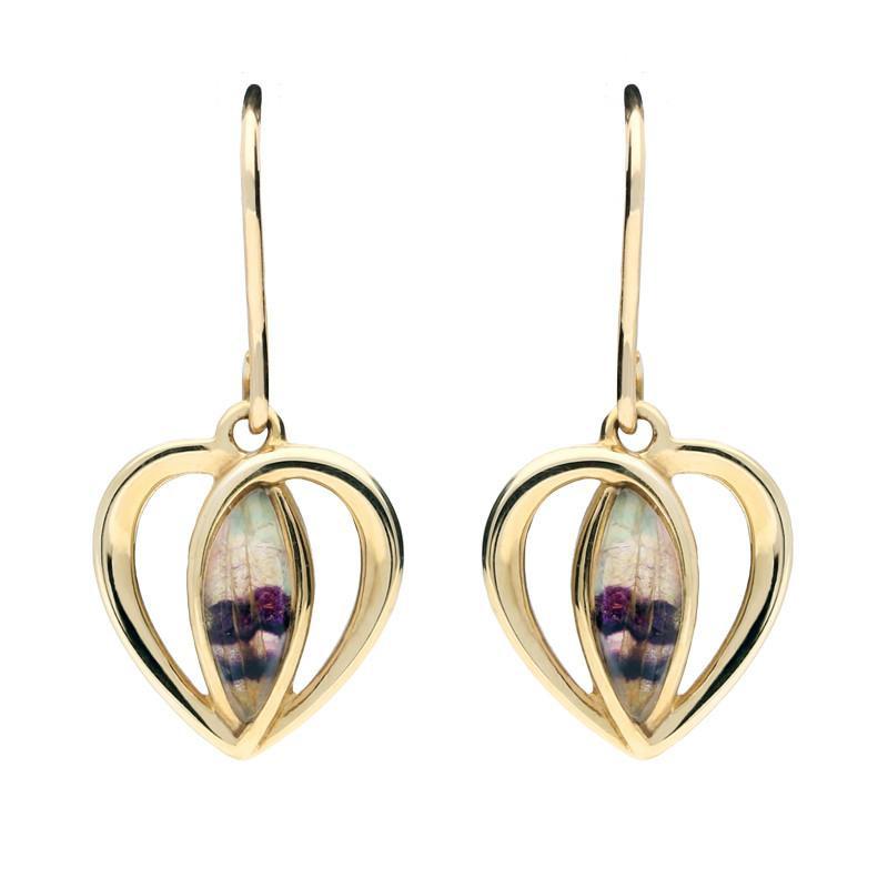 9ct Yellow Gold Blue John Heart Drop Earrings - Yellow Gold