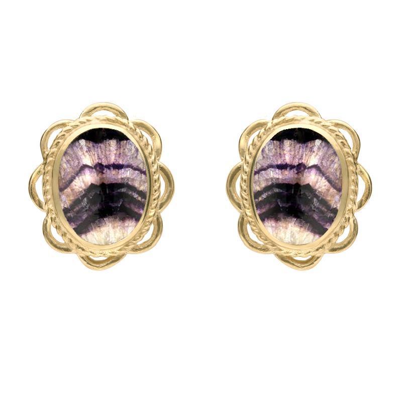 9ct Yellow Gold Blue John Large Rope Oval Frill Stud Earrings - Option1 Value Yellow Gold