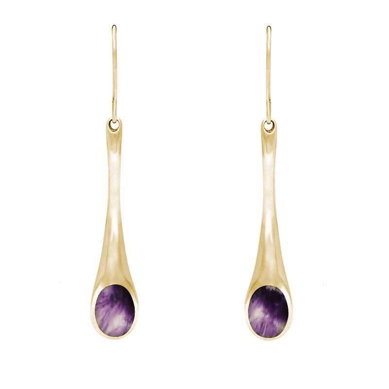 9ct Yellow Gold Blue John Long Tapered Drop Hook Earrings - Yellow Gold