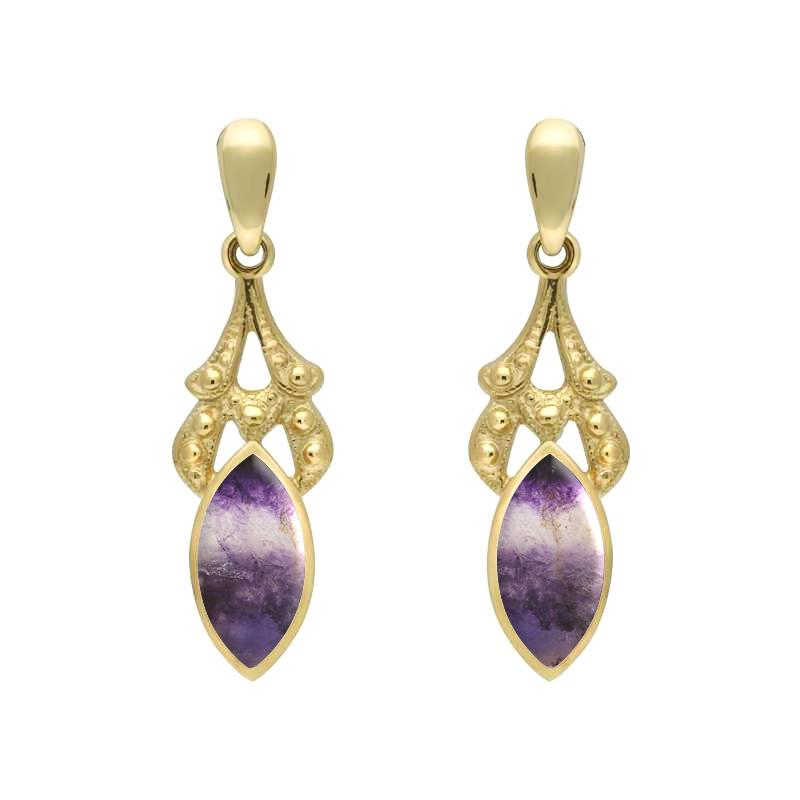 9ct Yellow Gold Blue John Marquise Drop Earrings - Yellow Gold
