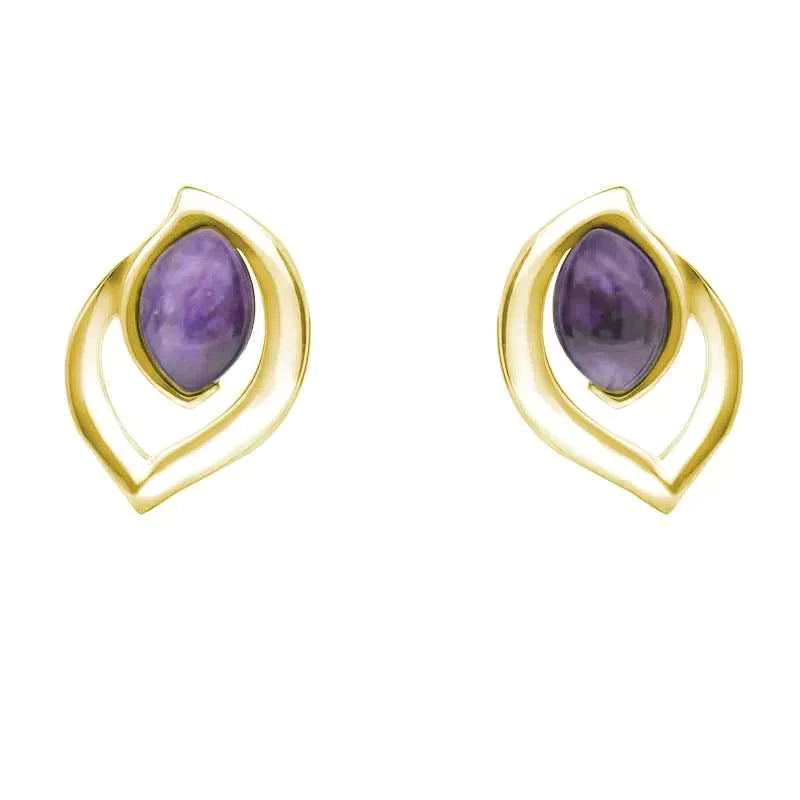 9ct Yellow Gold Blue John Marquise Flame Stud Earrings - Yellow Gold