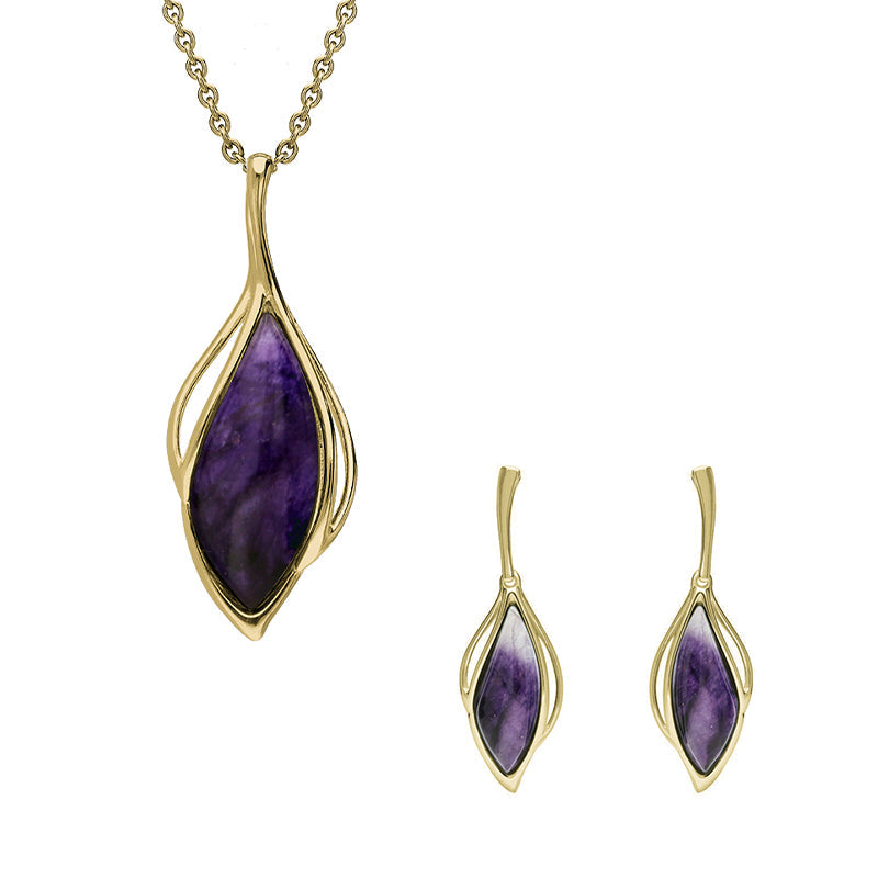 9ct Yellow Gold Blue John Open Marquise Two Piece Set - Yellow Gold