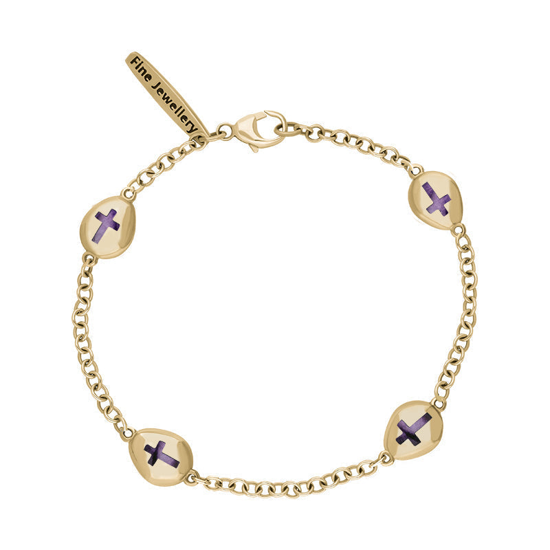 9ct Yellow Gold Blue John Oval Cross Detail Four Stone Bracelet - Yellow Gold