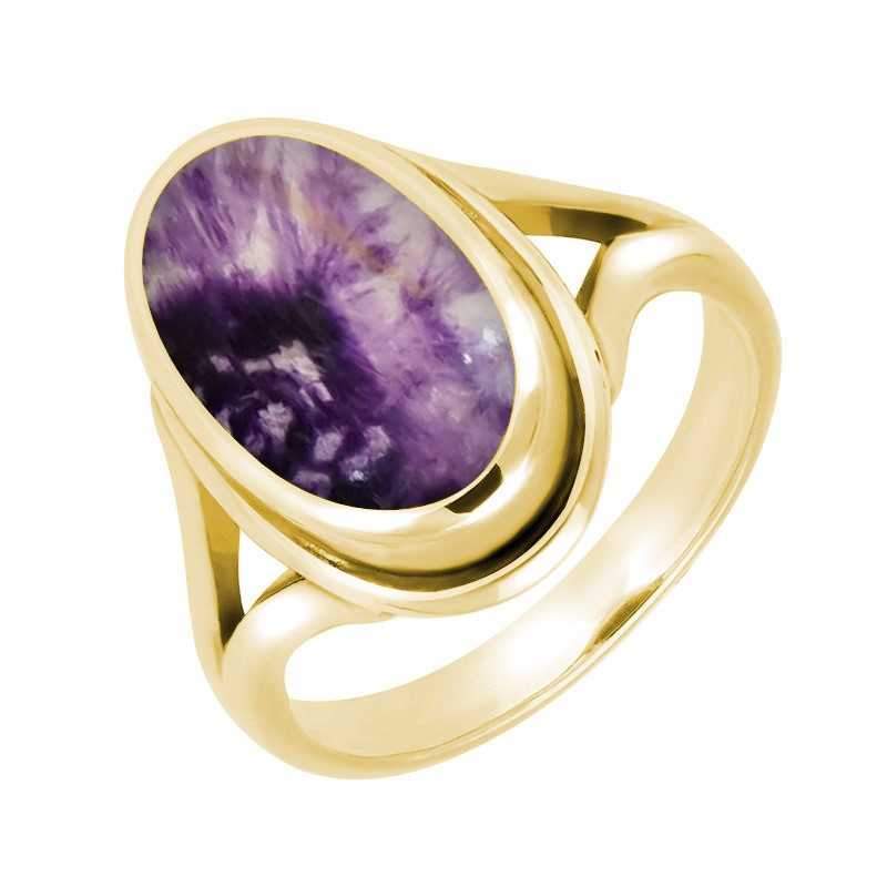 9ct Yellow Gold Blue John Oval Ridged Ring - Yellow Gold