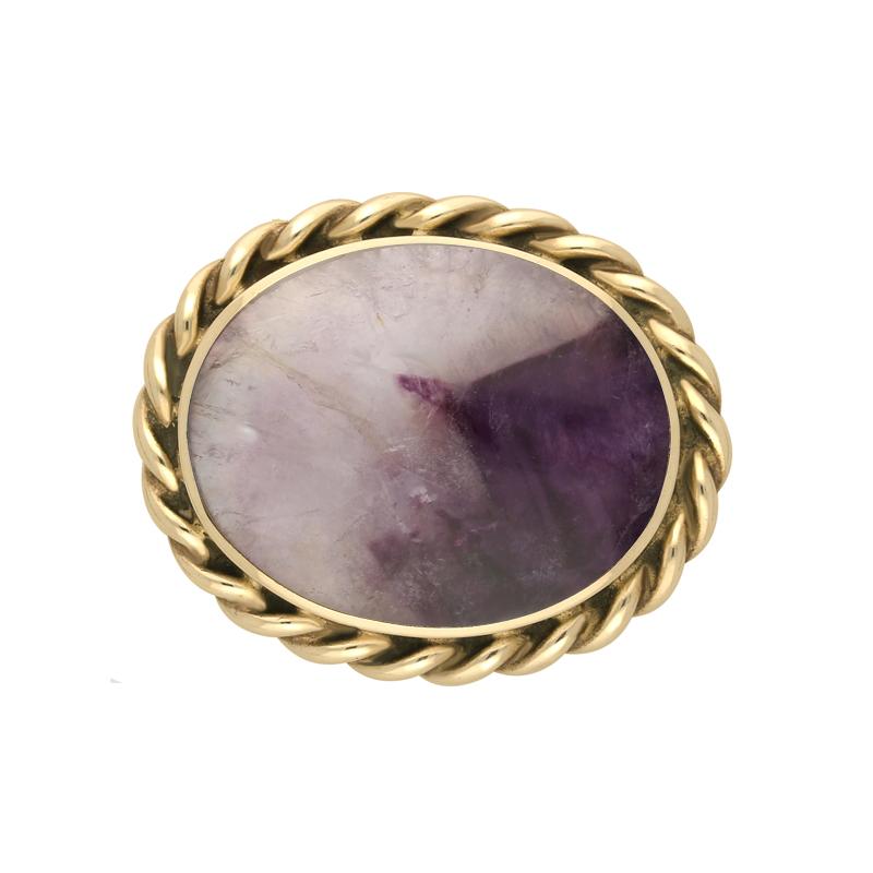 9ct Yellow Gold Blue John Oval Rope Edge Brooch - Yellow Gold