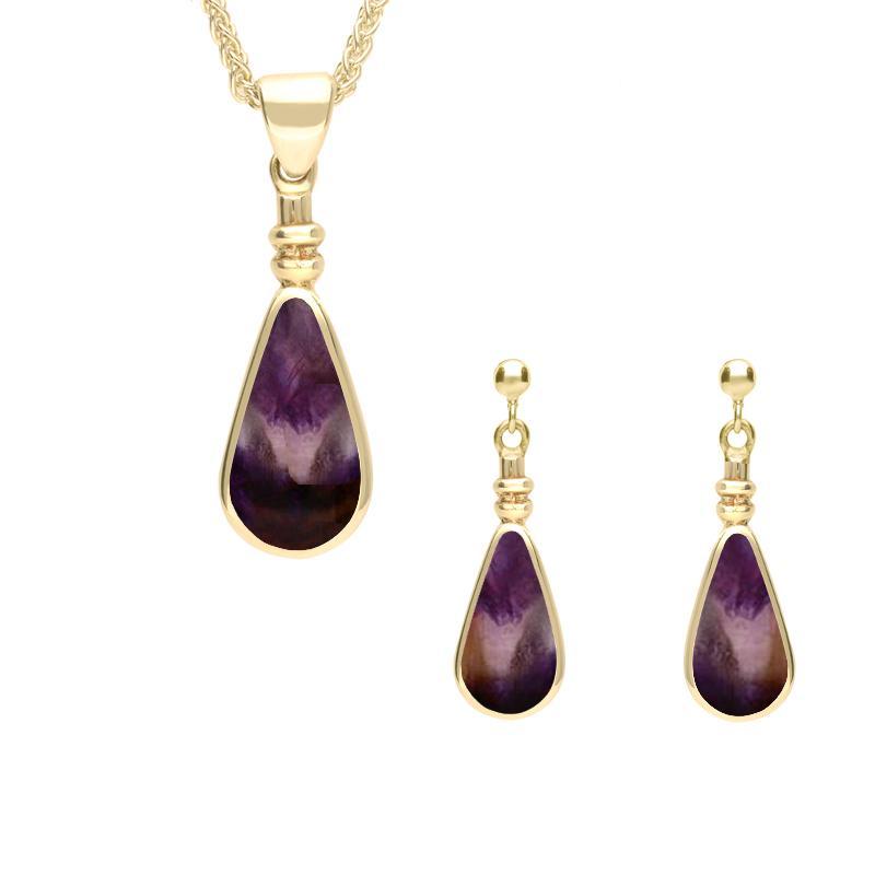9ct Yellow Gold Blue John Pear Shaped Bottle Top Two Piece Set