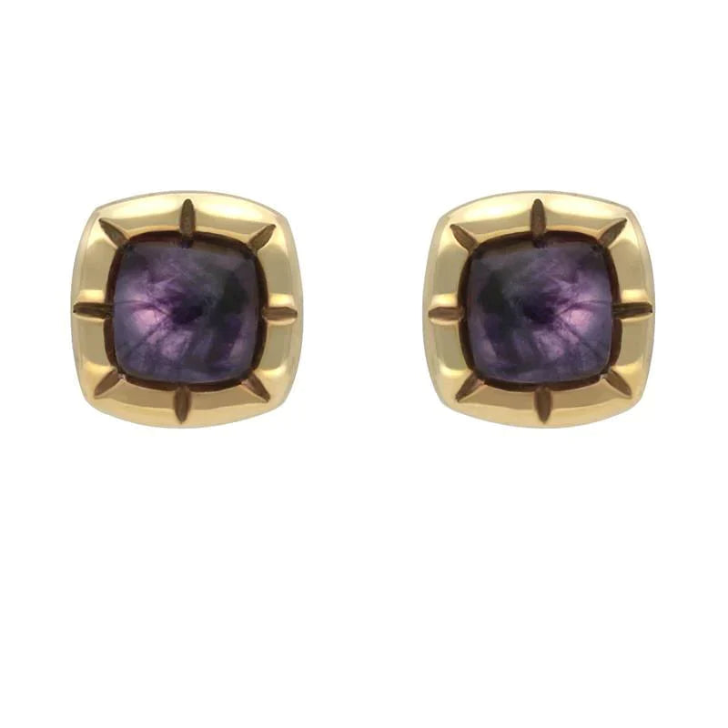 9ct Yellow Gold Blue John Ridged Cushion Stud Earrings - Yellow Gold