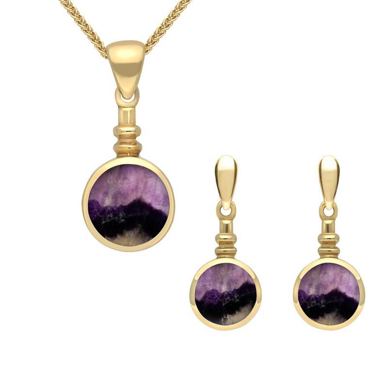 9ct Yellow Gold Blue John Round Bottletop Two Piece Set