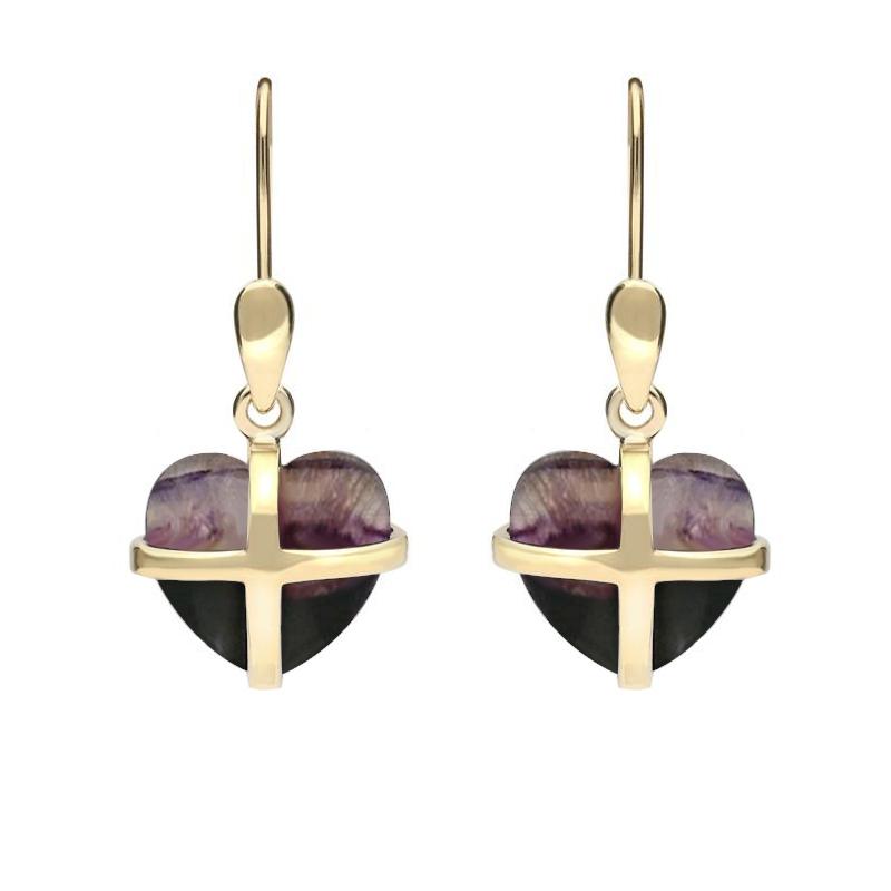 9ct Yellow Gold Blue John Small Cross Heart Drop Earrings - Yellow Gold