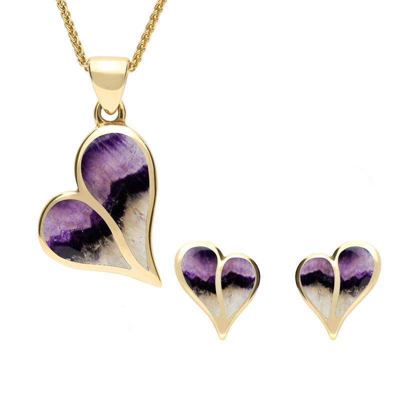 9ct Yellow Gold Blue John Split Heart Two Piece Set - Gold