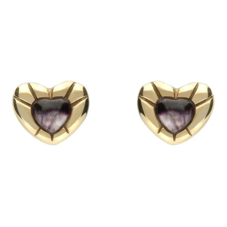 9ct Yellow Gold Blue John Stone Heart Stud Earrings - Yellow Gold