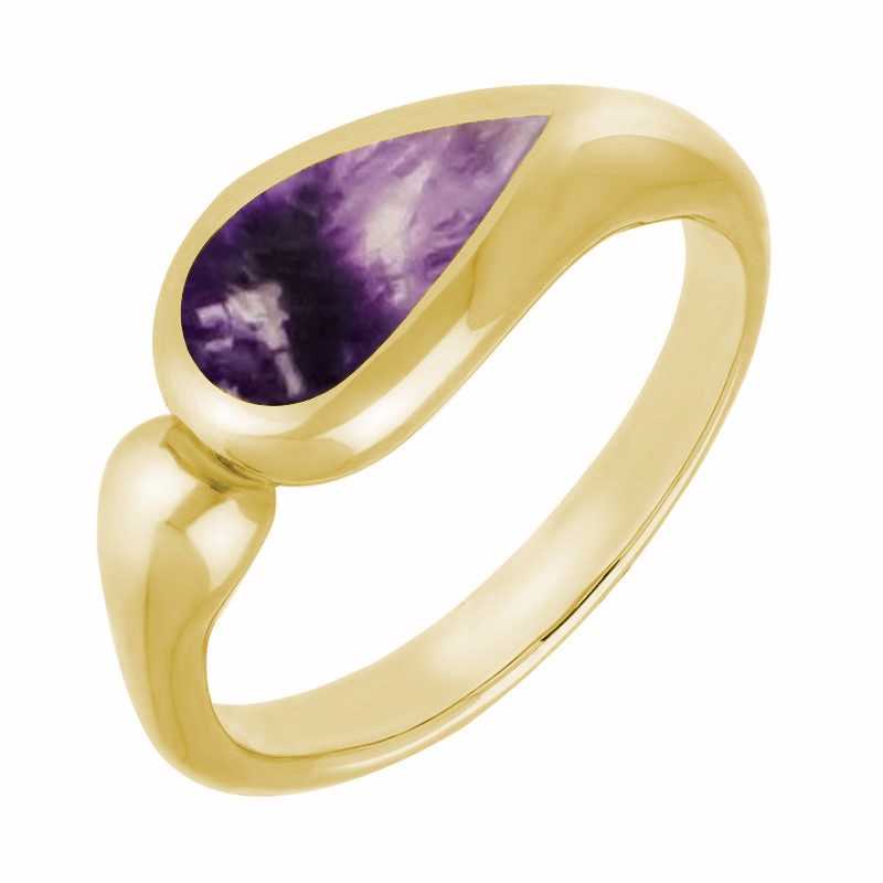 9ct Yellow Gold Blue John Toscana Offset Teardrop Ring - Yellow Gold