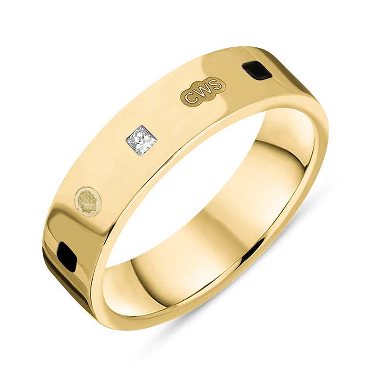 9ct Yellow Gold 0.12ct Diamond Whitby Jet King's Coronation Hallmark Princess Cut 5mm Ring - V