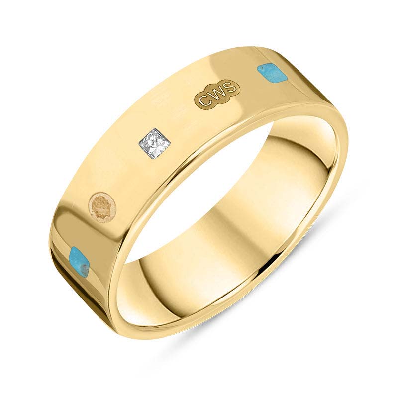 9ct Yellow Gold 0.18ct Diamond Turquoise King's Coronation Hallmark Princess Cut 6mm Ring - S