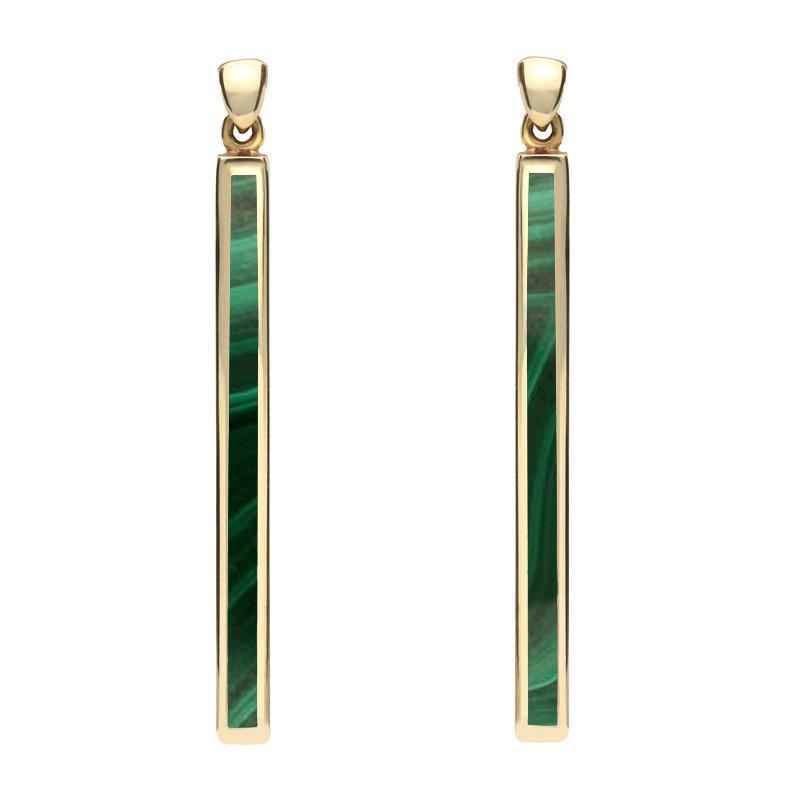 9ct Yellow Gold Malachite Long Slim Drop Earrings - Yellow Gold