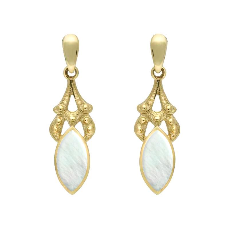9ct Yellow Gold Mother of Pearl Marquise Drop Earrings - Yellow Gold
