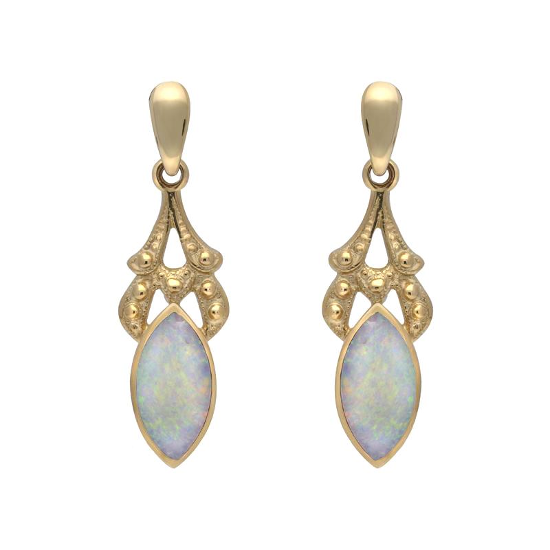 9ct Yellow Gold Opal Marquise Shaped Drop Earrings - Yellow Gold