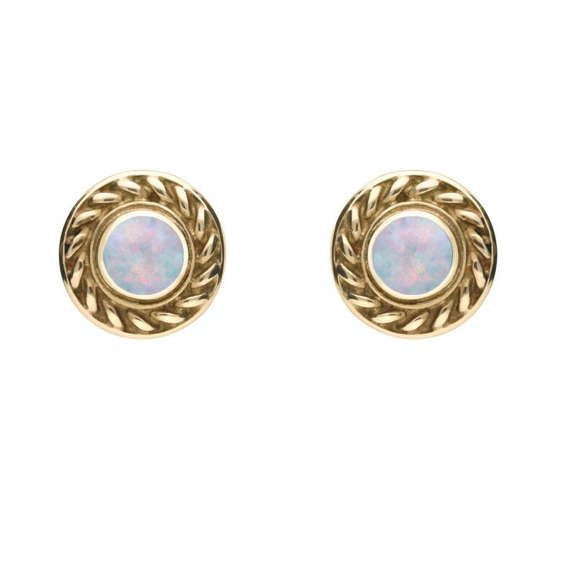 9ct Yellow Gold Opal Round Rope Edge Stud Earrings - Yellow Gold