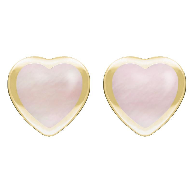 9ct Yellow Gold Pink Mother Of Pearl Large Framed Heart Stud Earrings - Yellow Gold