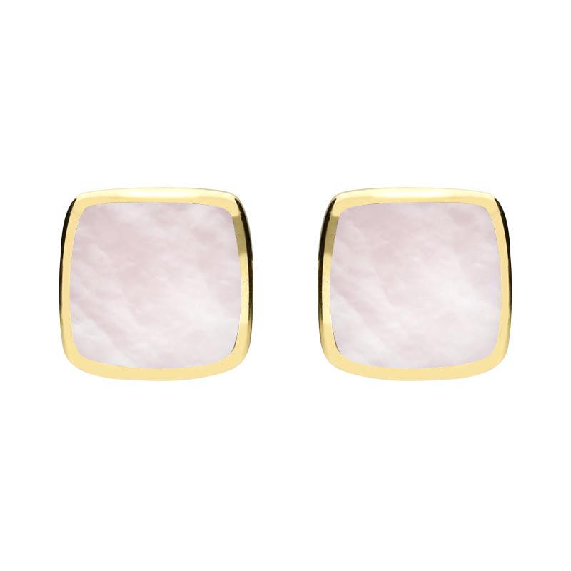 9ct Yellow Gold Pink Mother of Pearl Cushion Stud Earrings - Yellow Gold