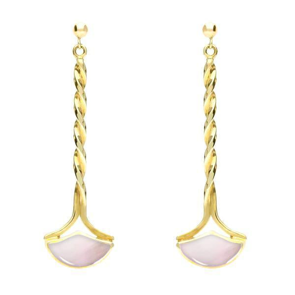 9ct Yellow Gold Pink Mother of Pearl Drop Twist Fan Earrings - Yellow Gold