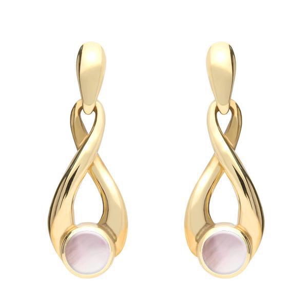 9ct Yellow Gold Pink Mother of Pearl Eternity Loop Drop Earrings - Yellow Gold