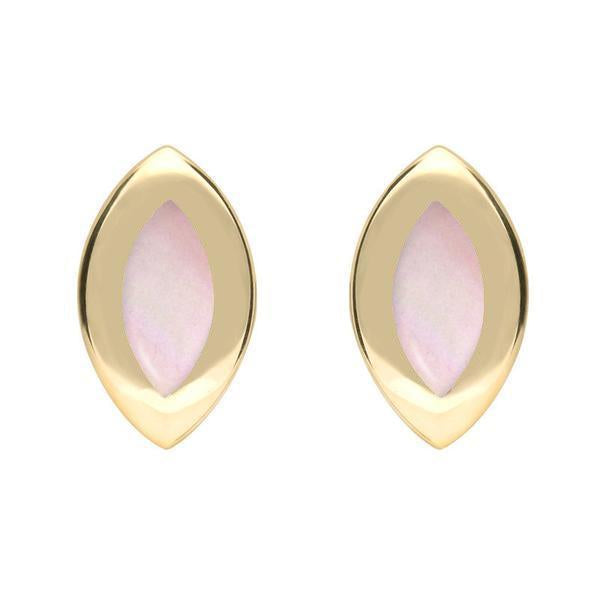 9ct Yellow Gold Pink Mother of Pearl Framed Marquise Stud Earrings - Yellow Gold