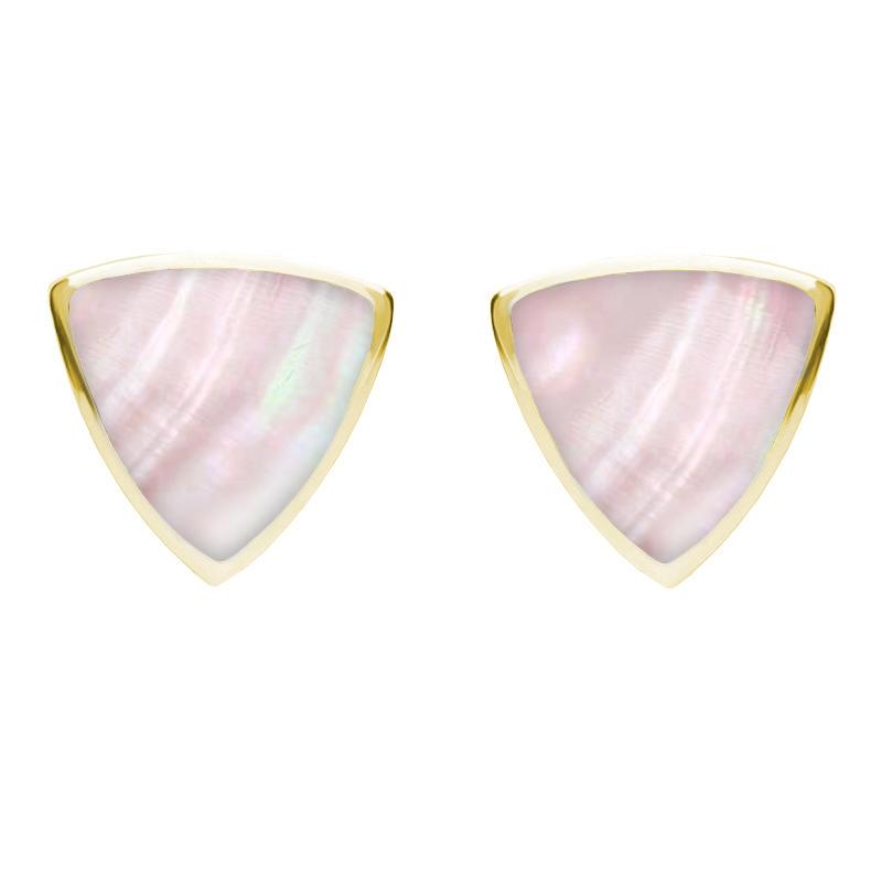 9ct Yellow Gold Pink Mother of Pearl Large Curved Triangle Stud Earrings - Yellow Gold