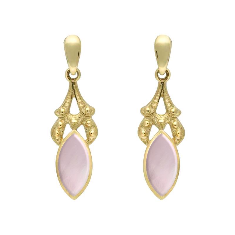 9ct Yellow Gold Pink Mother of Pearl Marquise Drop Earrings - Yellow Gold
