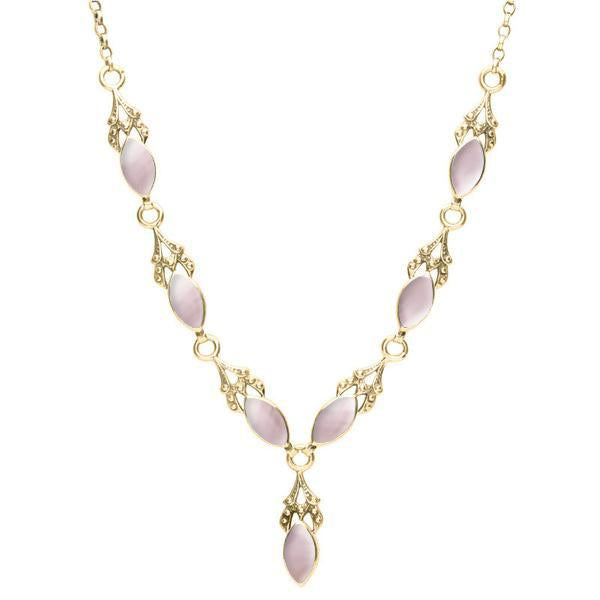 9ct Yellow Gold Pink Mother of Pearl Seven Stone Marquise Necklace - Yellow Gold