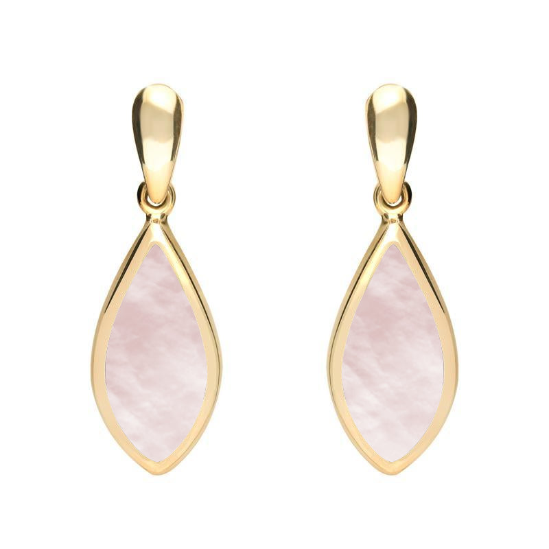 9ct Yellow Gold Pink Mother of Pearl Small Pointed Pear Drop Earrings - Yellow Gold