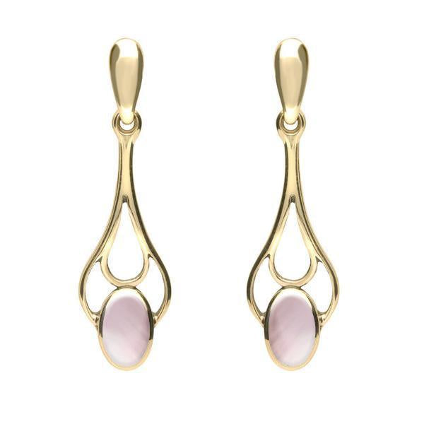 9ct Yellow Gold Pink Mother of Pearl Spoon Drop Earrings - Yellow Gold