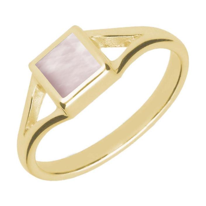 9ct Yellow Gold Pink Mother of Pearl Square Split Shoulder Ring - Yellow Gold