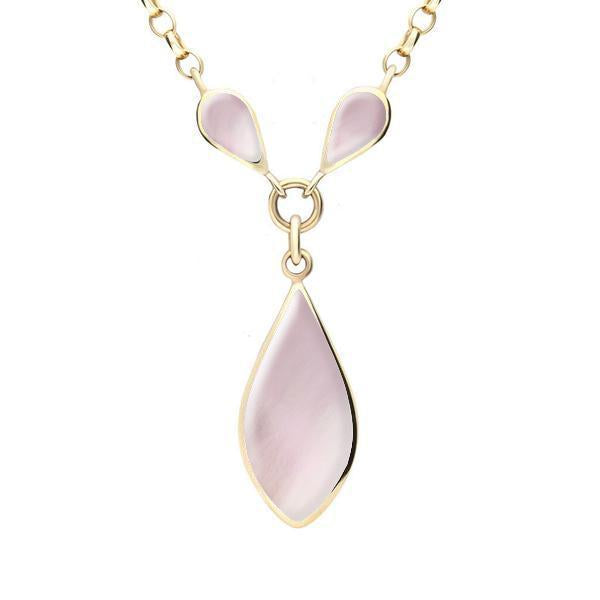 9ct Yellow Gold Pink Mother of Pearl Three Stone Pear Necklace - Yellow Gold