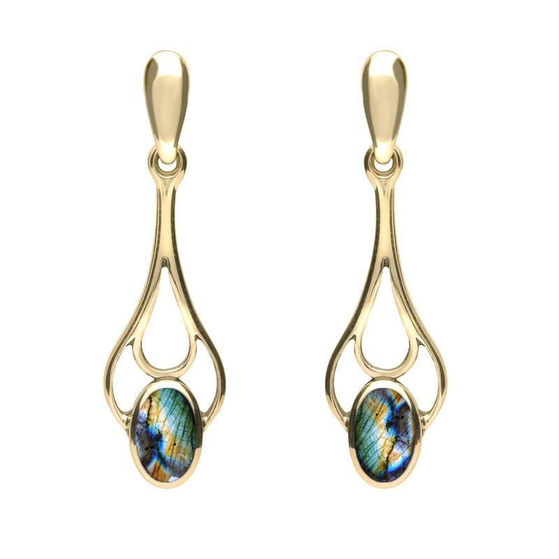 9ct Yellow Gold Spectrolite Spoon Drop Earrings - Yellow Gold